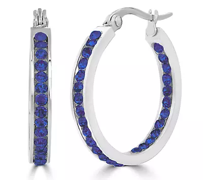 Steel By Design BLUE SAPPHIRE Crystal Birthstone Hoop Earrings STAINLESS STEEL • $19.69