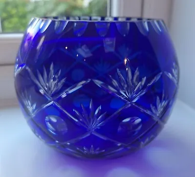 Blue Bohemia Lead Crystal Cut To Clear Cobalt 7” Etch Rose Bowl • £13