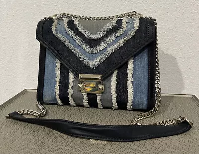 Michael Kors Sloan Womens Shoulder Bag Blue Frayed Denim Leather Crossbody • $75