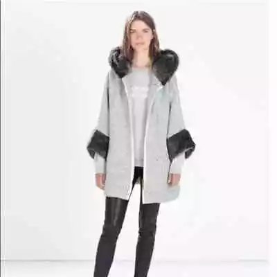 Zara Knitwear Gray Faux Fur 3/4 Sleeves Oversized Hooded Poncho Sz M • $30