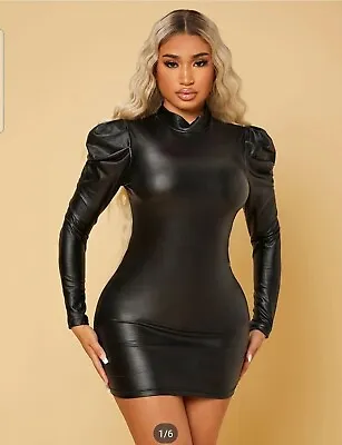 Mock Neck Gigot Sleeve Patent Bodycon Dress • £16