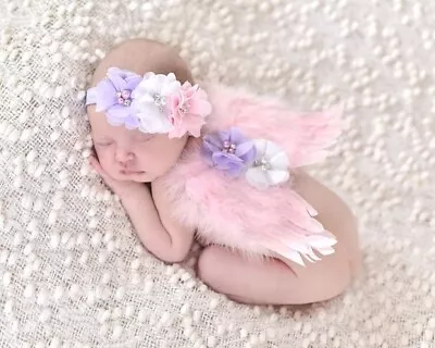 Baby Newborn Photography Prop Angel Feather Wings Flower Headband • $11.99