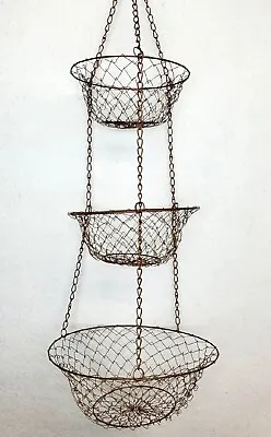 Vintage 3 Tier Copper Wire Hanging Fruit Basket Metal Hook Light  Collapsible  • $18.95