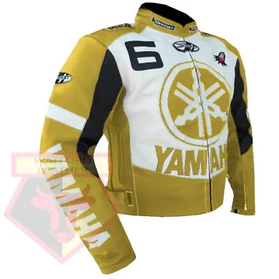 Yamaha 6 Yellow Motorbike Removable Armored Cowhide Leather Bikers Jacket • £149.99