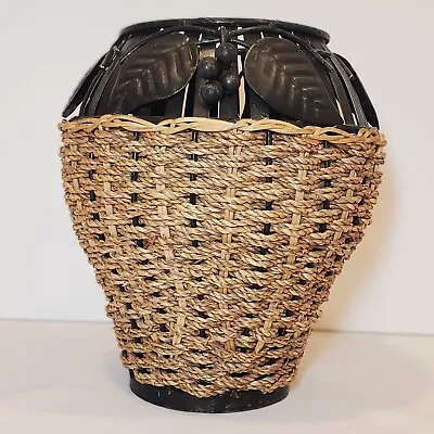 Wicker Rattan Weaved Metal Frame Leaf Detail Vintage 9  Vase • $28