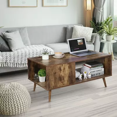 Wooden Mid Century Coffee Table With Open Storage Shelf Vintage Accent TV Table  • $86.75