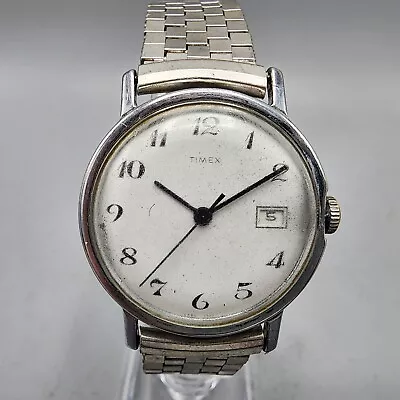 VTG Timex Marlin Watch Men 33mm Silver Tone White Dial Date Manual Wind Runs • $29.99