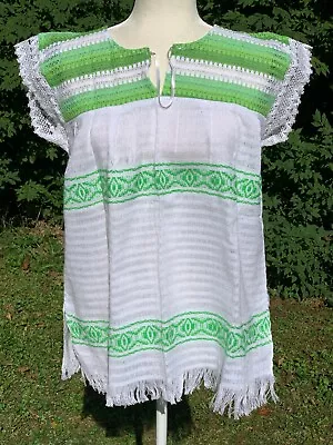 Mexican Semi-sheer Huipil Green Woven Top Blouse Fringed 20x25 One Size 1868 • $19.90