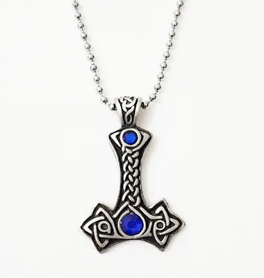 VIKING THORS HAMMER - BLUE BEADS ANTIQUE PEWTER PENDANT WITH BALL CHAIN/Necklace • £12.99
