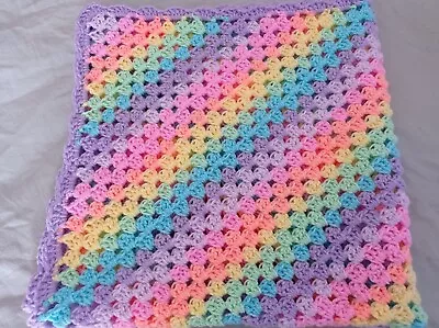 Mb7)  Bright  Hand Crochet Rainbow Baby Blanket/ Throw 80x80cms(31.5x31.5Inches) • £10.99