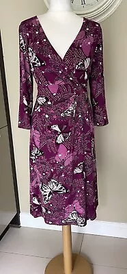 WHITE STUFF Purple Stretch Jersey Dress • Size 14 • Butterfly Print • £8.50