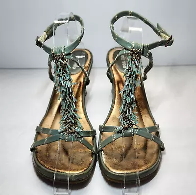 Me Too Woman's Leather 2 1/2  Heel Ankle Strap Green Beaded Sandals Size 9 • $19.99