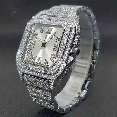 Men's Watch Luxury Iced Silver Simulated Diamond Square Bracelet Metal Dress Icy • $28.99