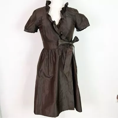 J. Crew Brown Silk Taffeta Ruffle Trim Dress Womens Sz 6 • $34.77