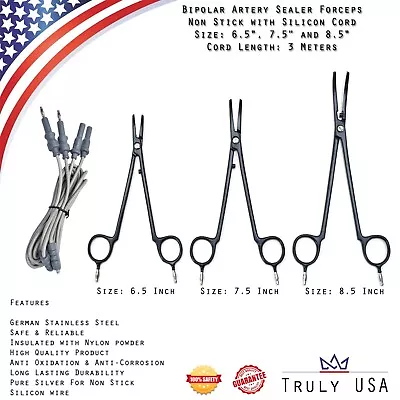 Non-Stick Bipolar Artery Sealer Forceps Reusable:  6.5 7.5  & 8.5  + 3mtr Cord  • $149.99