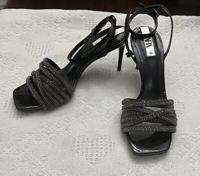 Zara Black Leather Strappy Square Toe Heel Sandals Sparkle Rhinestone 38 / 7.5 • $30