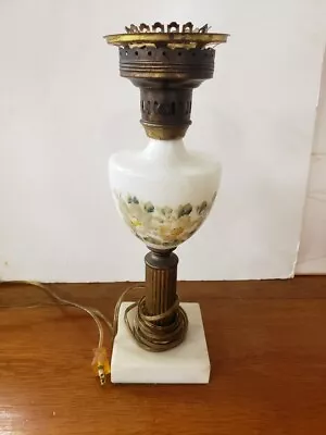 Vintage Brass And Hand Painted Milk Glass Table Lamp With Marble Base - Working • $35