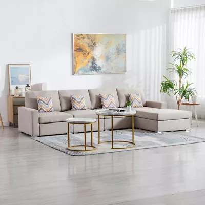 Modern 95.5  Beige Linen Reversible Sofa Chaise W/Storage Ottoman And Pillows • $1406.29