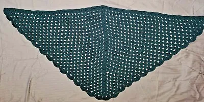 FOREST GREEN COTTAGE SHAWL NEW Hand Crocheted   Very Full Scalloped Lace Edging • £19