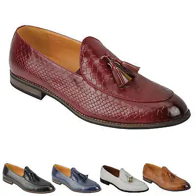 Mens Vintage Snakeskin Print Shiny Leather Tassel Loafers Smart Casual MOD Shoes • £34.99