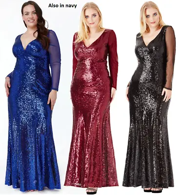 Goddiva Sequin Maxi Long Sleeve Formal Evening Dress Prom Party Ball Full Length • £69.99