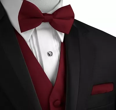 Men's Solid Satin Tuxedo Vest Bow-Tie And Hankie Set. Formal Dress Wedding Prom • $22.95