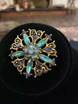Vintage Monet Pin Enamel Brooch Crystals Teal Green Blue Flower Gold Tone • $12