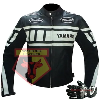 Yamaha Black And White Motorbike Armoured Cowhide Leather Jacket And Gloves • £169.99