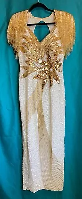 Vtg Alyce Designer Formal Gown White W/Gold Beads& Sequins Long Sz 12 Mardi Gras • $200.64