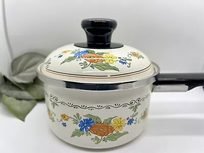 Vintage Summer Garden Flowered Excel Enamel Cookware Pot With Lid • $7.50