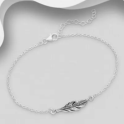 925 Sterling Silver Oxidized Narrow Feather Charm Chain Bracelet Women Girls • $35.99