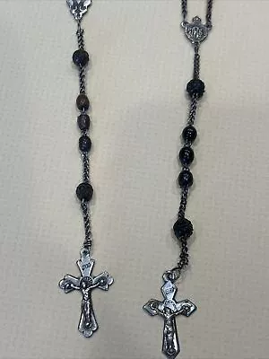 Lot Of 2 Vintage Holy Rosary - Silver INRI Crucifix W/ Brown Wood Beads Carved • $24.99