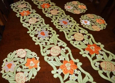 Easter Eggs & Spring Daffodils W/ Fancy Cutwork! German Runner & Doily Lot Of 4+ • $74.99