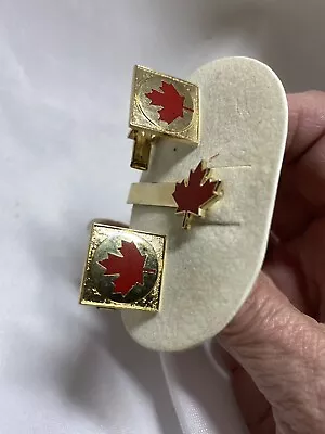 VINTAGE Canadian Red Maple Leaf Gold Color Cuff Links Tie Clasp New Without Box • $15