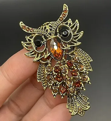 Vintage Gold Tone Amber Rhinestone Owl Brooch Pin • $15.30