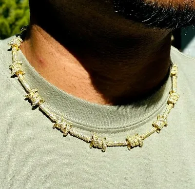 Men's Iced Barbed Wire Cuban 8mm Ice Out 14k Gold CZ VVS Fill Real 18  Choker • $119.99