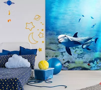 3D Cute Dolphin N1595 Wallpaper Wall Mural Removable Self-adhesive Sticker Eve • £25.19