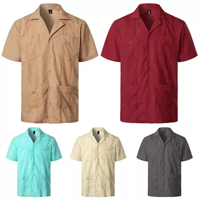 £8.39 • Buy Men's Short Sleeve Button-Up Casual Cuban Guayabera Beach Wedding Dress Shirt UK