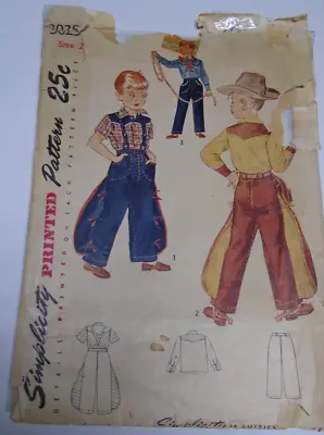 Vintage 1940s Simplicity 3025 Child Chaps Western Shirt Jeans Size 2 1949 RARE • $17.65
