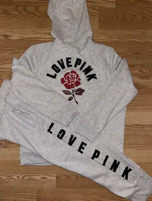 $149.99 • Buy Victoria Secret PINK Rose Floral Bling Sequins Jogger Hoodie Outfit Set L