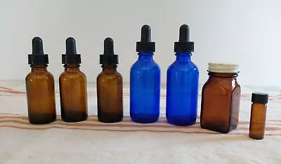 7 Tincture Apothecary Dropper Bottles Medicine Jar Blue Amber Upjohn Misc (S1) • $10