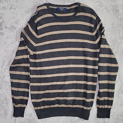 J Crew Sweater Mens Medium Blue Gray Tan Stripe Cotton Cashmere Lightweight Soft • $15.97
