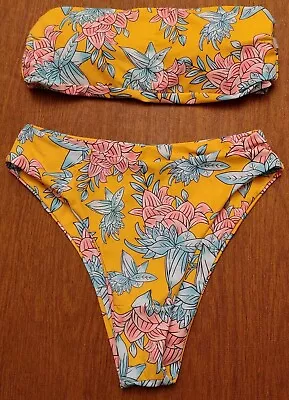 ZAFUL Bikini Swimsuit High Cut Waist Bandeau Floral Yellow Small Size 4 • $9.75