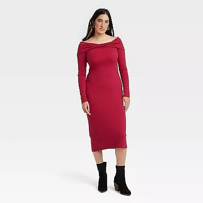 Women's Long Sleeve Midi Bodycon Dress - Universal Thread Ruby Red L • $10.99