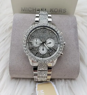 New Original Michael Kors Layton Chrono Silver Crystal Glytz Women Mk6976 Watch • $189.44
