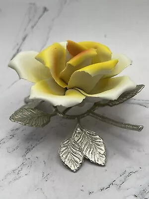 Vintage Capodimonte Figurine Rose Flower Yellow Made In Italy Silver Stem Leaves • $18.70