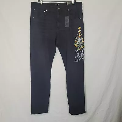 Ed Hardy Mens 38x32 Black Denim Slim Jeans Embroidered Skull Snake Panther NWT • $58.62