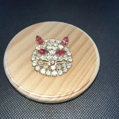 $21.99 • Buy Vintage  Kitty Cat Face Red Rhinestone Brooch Pin