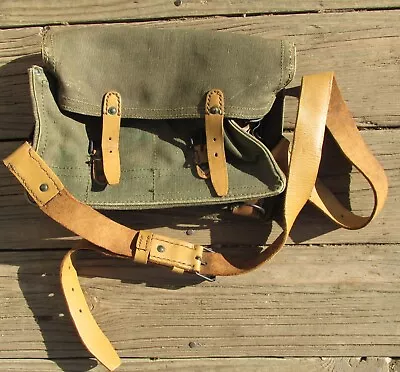 Belgian / French Surplus Military Shoulder Bag In Leather & Canvas • $25