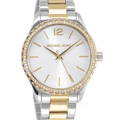 Michael Kors Layton Womens Glitz Watch White Dial Crystals Two Tone Silver Gold • $100.19